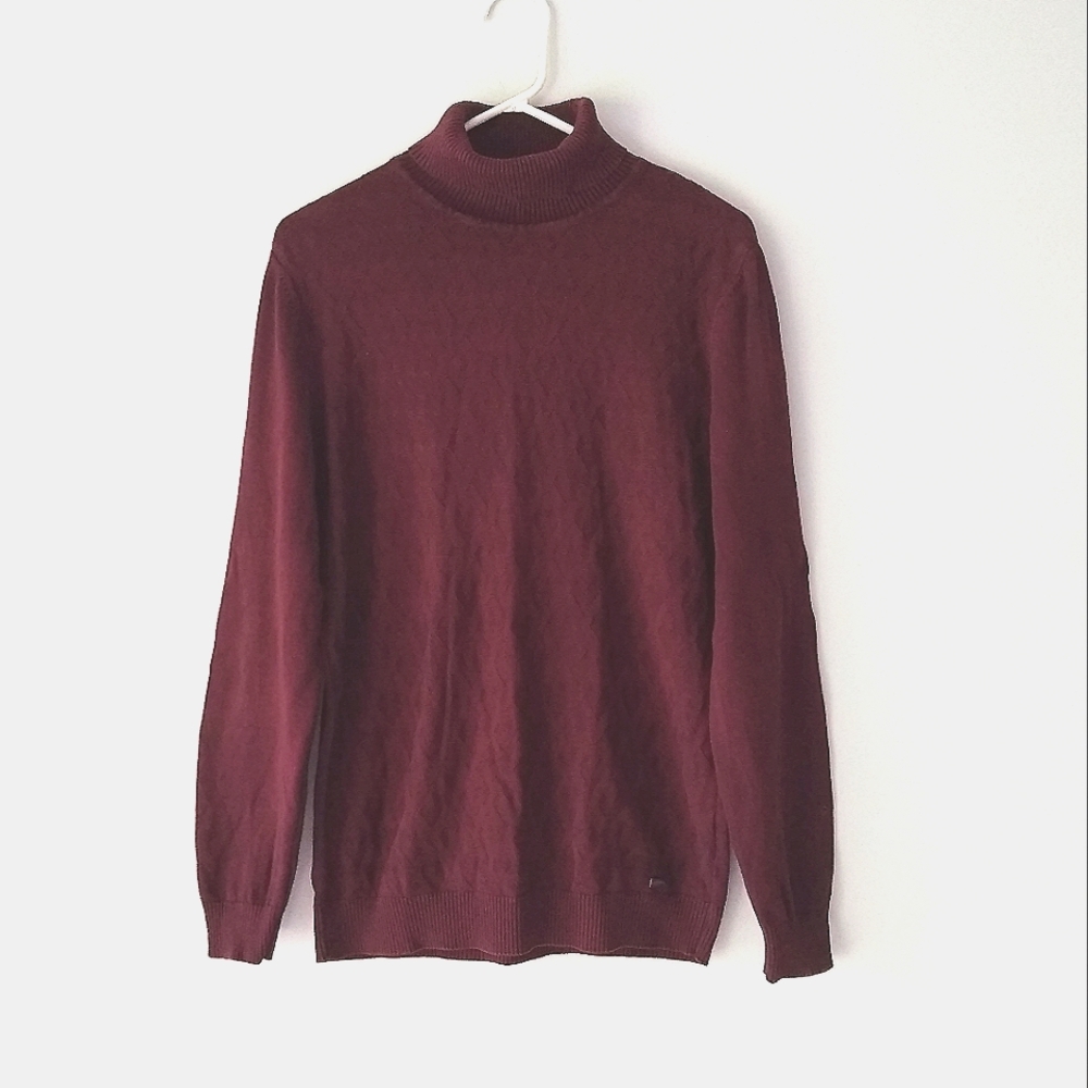 AVVA Cotton Turtleneck Long Sleeved Knit Textured Sweater Cranberry Medium